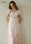 Sunset dress with light pink floral print, puff sleeves, square neckline, gathered waist