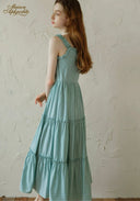 Light blue tiered midi dress with lace-trim square neckline, thin straps and layered ruffles
