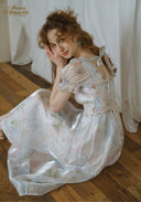 Floral satin midi dress with puff sleeves and square neckline, gathered waist, silver sheen