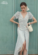 Blue Celeste floral dress with V-neck, tassel sleeves and drawstring gathered waist