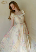 Antique embroidered garden dress, cream floral print, gathered waist and puff sleeves