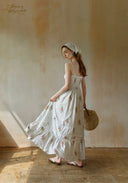 Secret Garden dress, white with floral print, tiered maxi skirt; side view