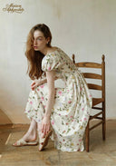 Floral maxi dress with puff sleeves and gathered skirt, white with pink and green print