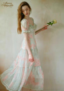 Pastel floral midi dress with short puff sleeves and lace-trim neckline