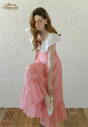 Gingham plaid off-shoulder maxi dress with white lace sleeves and tiered skirt