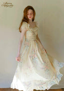 Antique embroidered garden dress detail, cream floral print, ruffled shoulder cap sleeves
