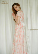Sunset dress in light pink floral print, puff sleeves, square neckline, maxi skirt