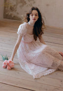 Light pink lace tea dress with puff sleeves and square neckline, layered skirt
