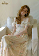 Antique garden embroidered dress, off-shoulder with lace trim and pastel floral pattern