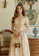 French Retro Printed Puff Sleeve Dress