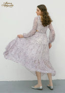 Lilac floral midi dress with square neckline and long sleeves, full skirt flare