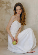 White midi slip dress with lace bodice, spaghetti straps, and voluminous skirt