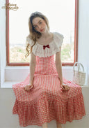 Red-and-white plaid maxi dress with white lace Peter Pan collar and cap sleeves
