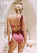 Pink ruffle back one-piece swimsuit with open back and high-cut leg