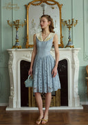 Light blue sleeveless lace patchwork dress, V-neck bodice and gathered skirt