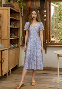Retro Blue Lace Patchwork Printed Dress