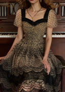 Lace mesh dress close-up with dark square neckline trim and sheer dotted puff sleeves