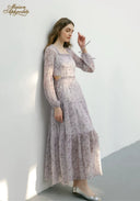 Lilac floral midi dress with long puff sleeves, square neckline, layered skirt