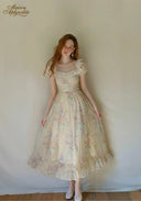 Antique embroidered garden dress, cream floral print, lace trim bodice, full flared skirt