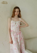 Light pink floral camisole dress with lace bodice, spaghetti straps, tiered ruffle skirt