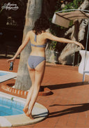 Bikini set in navy-and-white check with tie side bottoms and triangle top