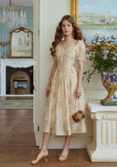 Cream floral printed midi dress with puff sleeves and fitted waist