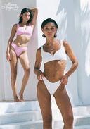 Pink and white bikini set with V-neck triangle tops and high-cut bottoms