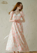 Sunset dress with light pink floral print, puff sleeves, square neckline, gathered waist