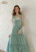 Light blue tiered midi dress with lace-trim square neckline, ruffle straps, gathered bodice