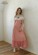 Red and white gingham plaid maxi dress with off-shoulder lace top and ruffled hem