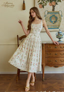 Retro Printed Cotton Waist-Slimming Suspender Dress
