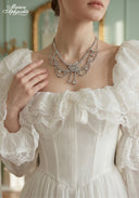 Beaded crystal necklace with lace off-shoulder bodice and ruffled sleeves