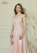Pink lace midi dress with square neckline, cap sleeves, fitted waist, full skirt