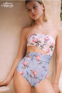 Floral printed bandeau one-piece-style swimsuit with ruched waist and high-cut leg