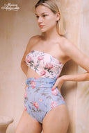 Floral printed bandeau swimsuit with ruched waist and high-cut bikini leg in light blue