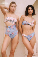 Floral printed bandeau bikini sets on two models, front view