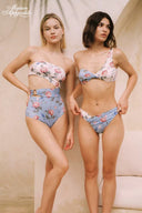 Floral printed ruched bandeau bikini top and high-waist briefs in light blue with pink flowers