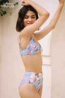 Floral printed bikini set with ruched bandeau back and high-waist briefs in light blue