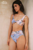 Floral printed ruched bandeau bikini top with high-waist briefs in light blue and pink