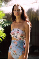 Floral printed strapless bandeau bikini set with matching bikini bottoms