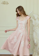 Pink lace midi dress with square neckline and cap sleeves, flared skirt in light pink