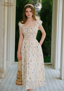 Jardin Esquissé Off-Shoulder Floral Cotton Midi Dress