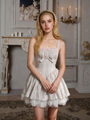 Light blue ballet dress with pink ruffle bodice, bow tie waist, tiered skirt, lace hem