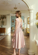 Pink lace midi dress, square neckline, cap sleeves, fitted bodice, A-line flared skirt
